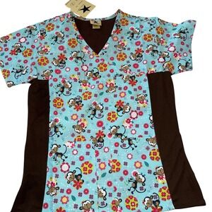 Black Star Womens Monkey Floral Scrub Top Mock Wrap Brown Blue S 710 916/CHOCO